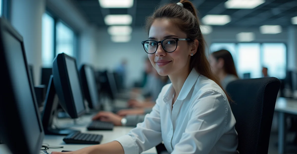 Fotografía de una oficina de recursos humanos con empleados trabajando en computadoras, sin texto visible