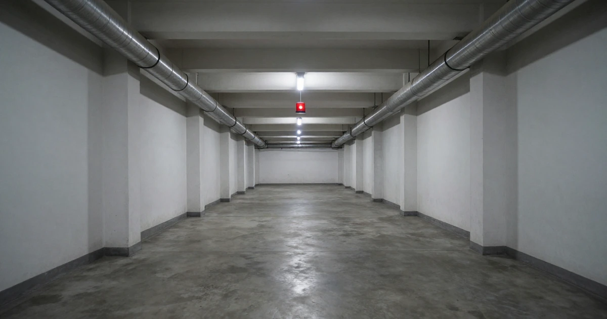 Pasillo industrial vacío con suelo de hormigón pulido, tuberías de acero inoxidable y una luz de seguridad roja al fondo