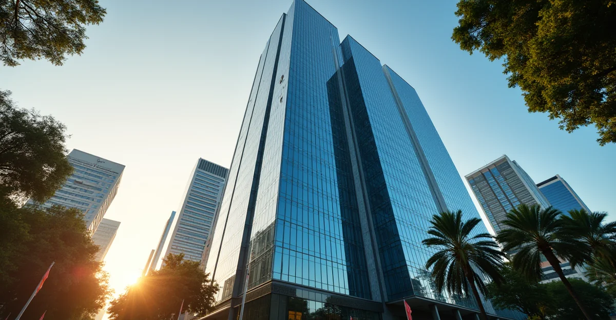 Fotografía de un edificio corporativo moderno en México, sin texto, que represente la formalidad y cumplimiento empresarial