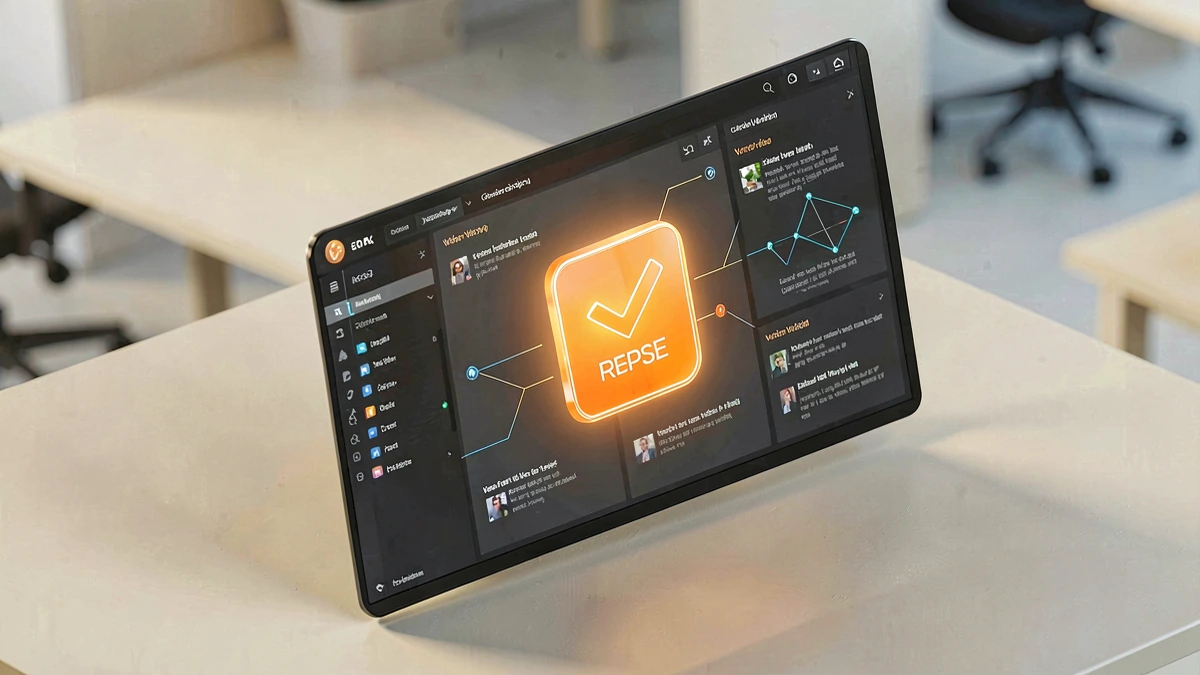 Panel de verificación digital con insignia holográfica REPSE naranja y nodos de validación en tonos carbón y marfil