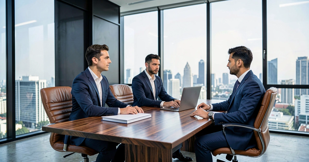 Tres profesionales en trajes formales colaboran en una oficina moderna con vista al horizonte de la Ciudad de México