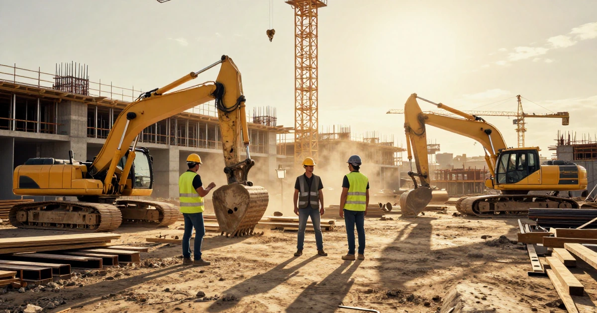 Trabajadores con casco y chalecos operando maquinaria pesada en una obra en construcción durante el atardecer