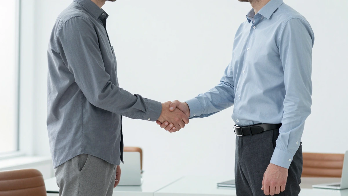 Dos profesionales con vestimenta formal se saludan con un apretón de manos en una oficina moderna y luminosa