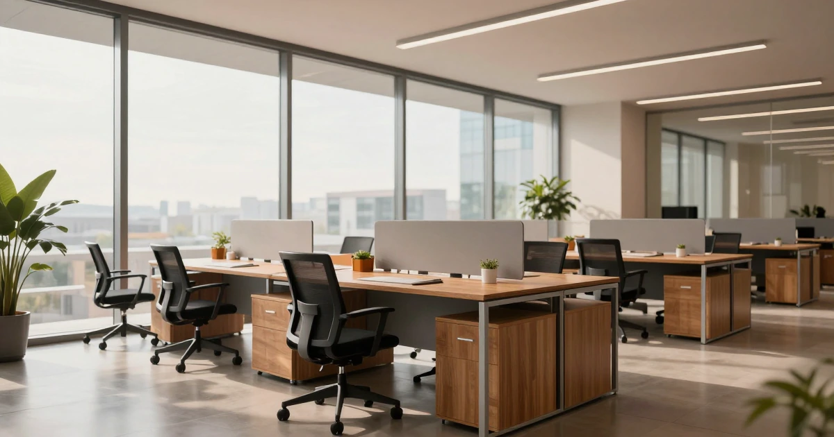 Oficina moderna y ordenada con escritorios de madera, sillas ergonómicas y detalles en color naranja, iluminada con luz