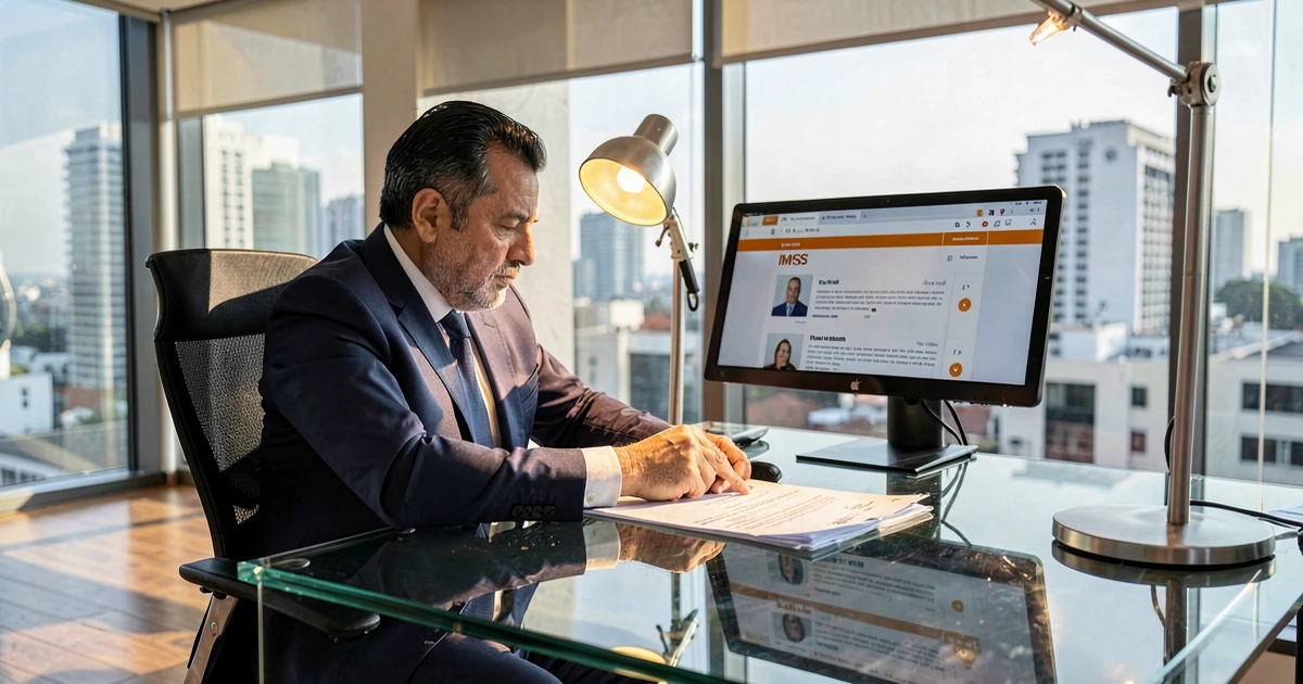 Empresario latino con traje azul revisando documentos en su escritorio frente a un monitor con el portal del IMSS