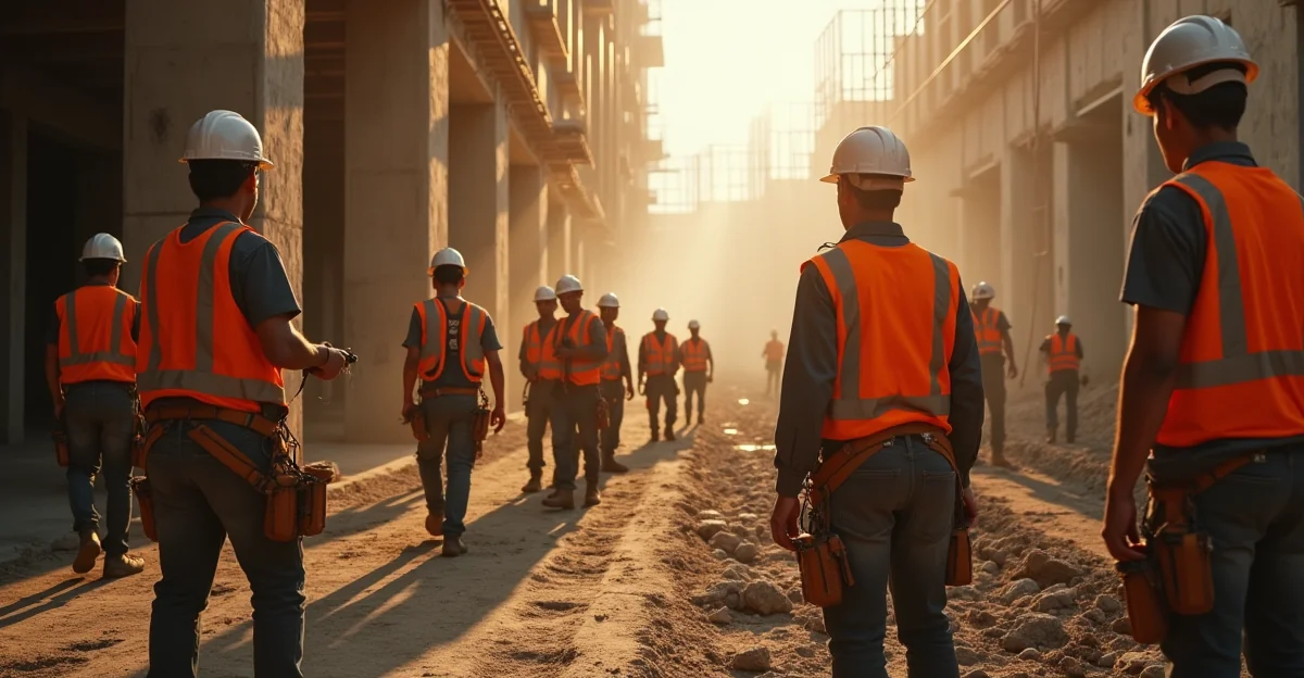Fotografía de una obra de construcción en México con trabajadores usando cascos y arneses, sin texto superpuesto